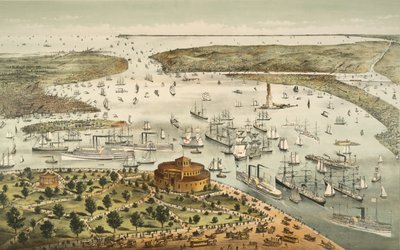 Der Hafen von New York: Vogelperspektive vom Battery Park, Blick nach Süden, veröffentlicht 1892 von American School